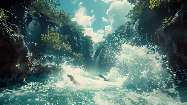 Foto een foto van een waterval met een dolfijn die in het water zwemt