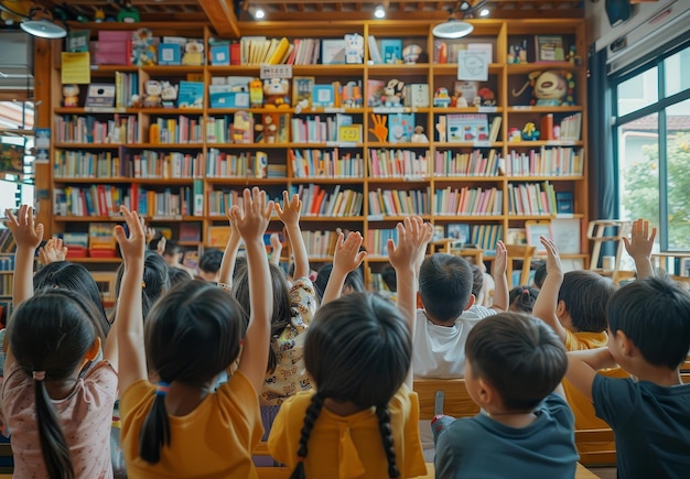 Foto een groep kinderen met hun armen omhoog in een bibliotheek