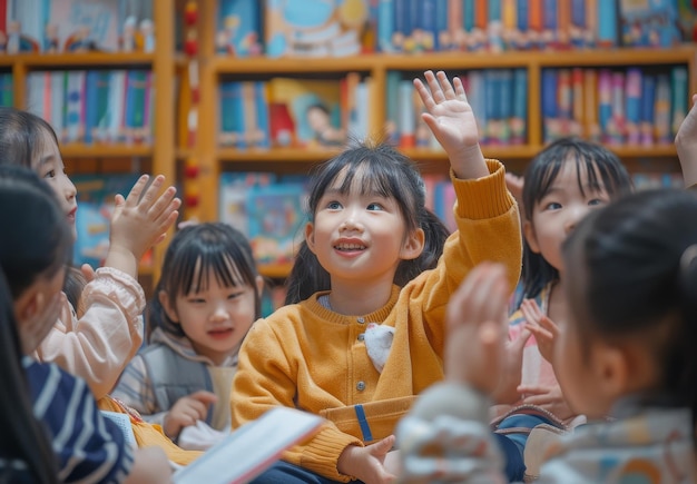 Foto een groep kinderen zit in een bibliotheek met boeken