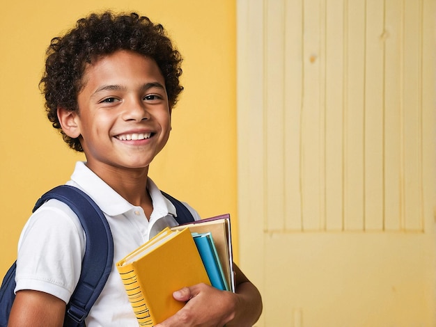 een jongen met een rugzak en een boek in zijn hand