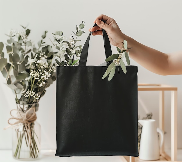 een persoon met een zwarte tas met bloemen op de achtergrond