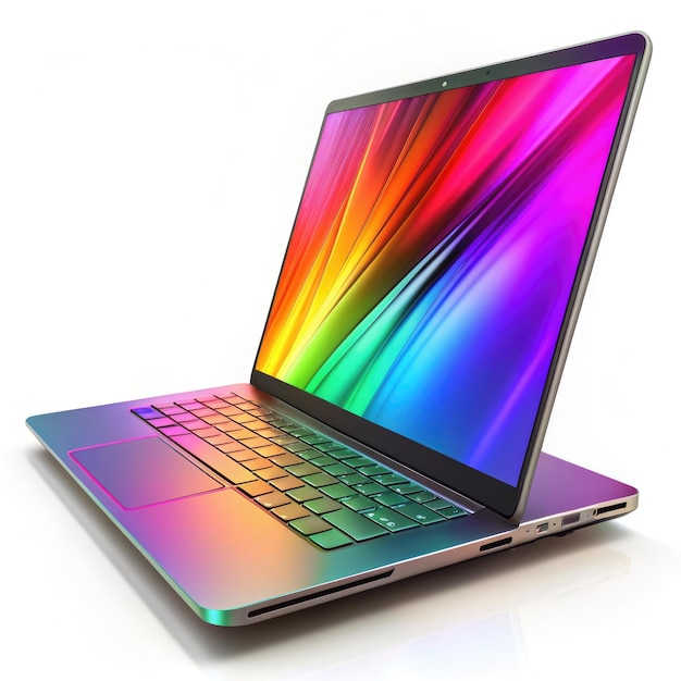 een regenboog gekleurde laptop met regenboogs kleuren op het scherm