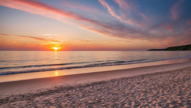 Foto een serene zonsondergang op het strand die de rust en de natuurlijke schoonheid vasthoudt