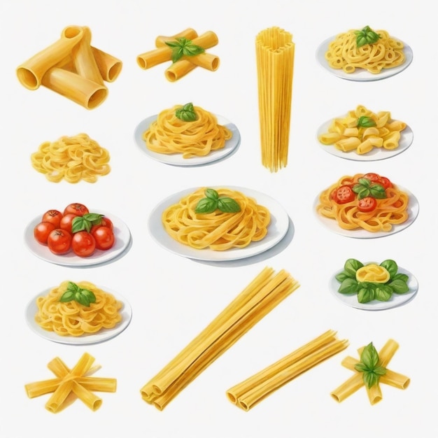 Foto een verscheidenheid aan voedingsmiddelen, waaronder pasta, pasta en pasta