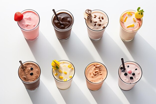 Foto een verzameling smakelijke milkshakes of smoothies afzonderlijk gepositioneerd tegen een witte achtergrond