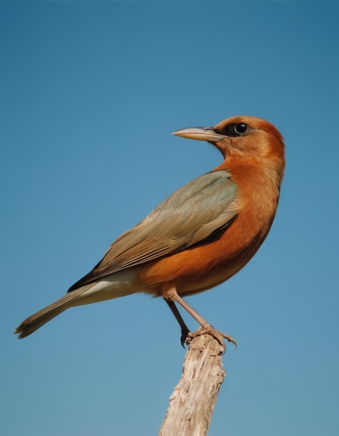 Foto een vogel met een rode borst zit op een houten paal