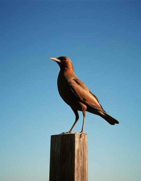 Foto een vogel staat op een paal met een blauwe hemel op de achtergrond