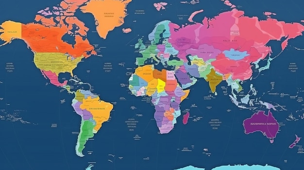 Een wereldkaart die is gekleurd Politieke kaarten kleurrijke wereldbol landen en landnamen zijn allemaal beschikbaar Kaart van geografie en politiek wereldbol landatlas of planeet Generatieve AI