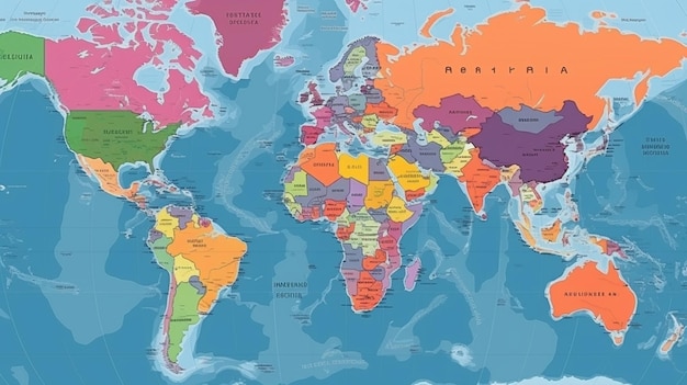 Een wereldkaart die is gekleurd Politieke kaarten kleurrijke wereldbol landen en landnamen zijn allemaal beschikbaar Kaart van geografie en politiek wereldbol landatlas of planeet Generatieve AI