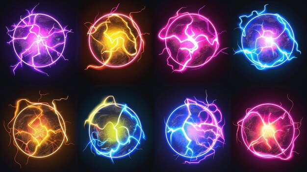 Photo electric lightning glow ball neon set magic energy sphere isolated on black background abstract spark element in blue violet yellow and pink thunderbolt circle portal illustration