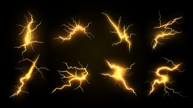 Photo electric thunderbolt strike during a night storm with yellow lightning impact crack and magical energy flash sick looking 3d modern bolts isolated against a black background