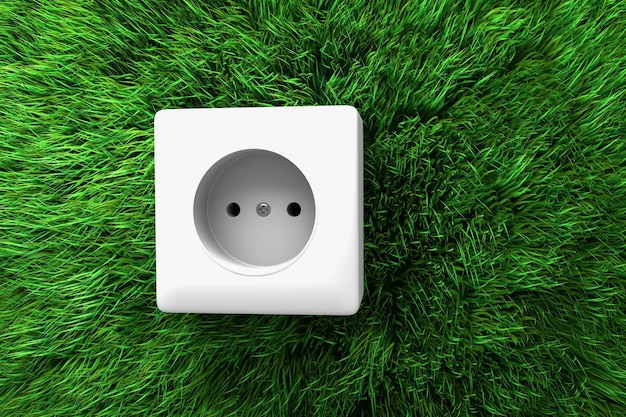 Electrical socket on the green grass. Alternative energy source. Green energy. 3d rendering.