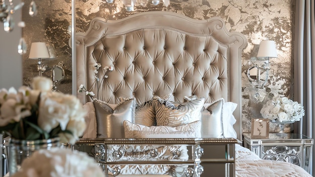 Elegant bedroom with a tufted headboard silver and gold patterned wallpaper and mirrored dresser