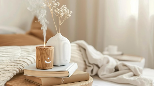 Photo elegant bedside table setup with aroma diffuser books vase and clock