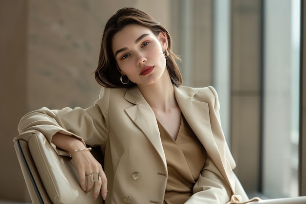 Photo elegant brunette woman in beige office attire exudes style