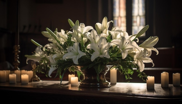 Elegant flower arrangement on wooden table indoors generated by AI