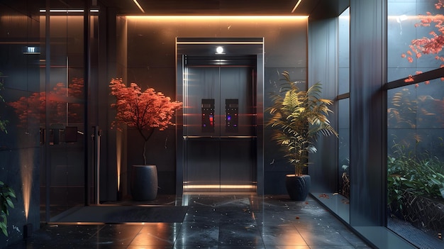 Photo elegant industrial style home elevator with exposed mechanisms and modern glass metal construction