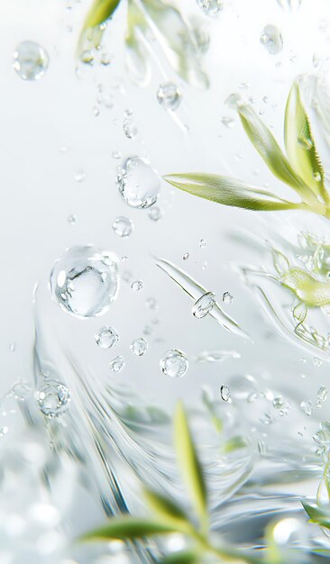 Photo elegant white cosmetic liquid with green plants and water droplets