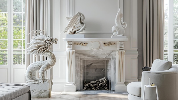 Elegant White Interior with Dragon Statue and Fireplace