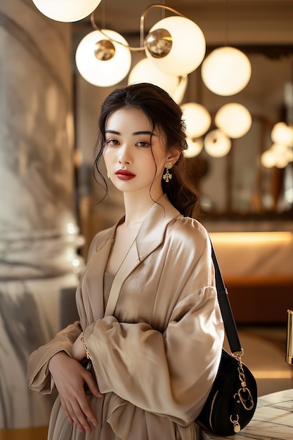 Photo elegant woman in beige coat indoors