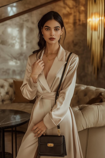 Photo elegant woman in beige coat indoors