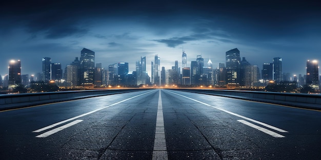 Empty asphalt road with city skyline