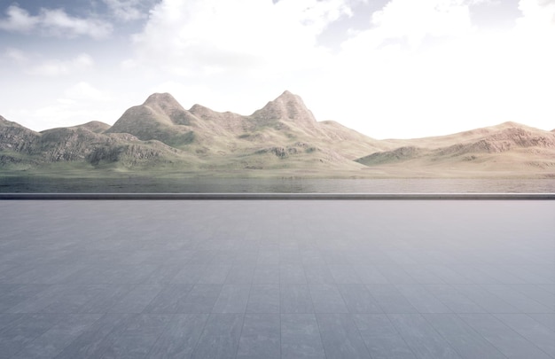 Empty concrete floor with mountain and cloudy sky lake view. 3D rendering background for car park