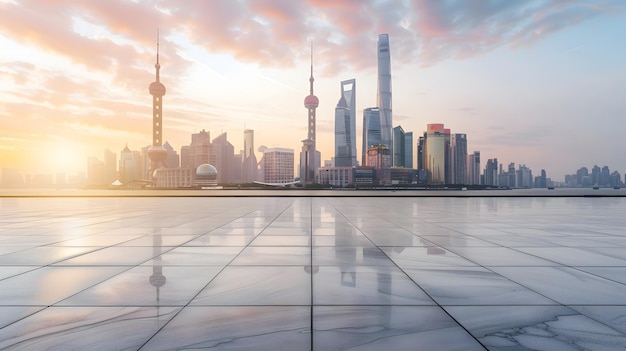 Empty floor and modern city skyline with building at sunset in Shanghai China Generative AI