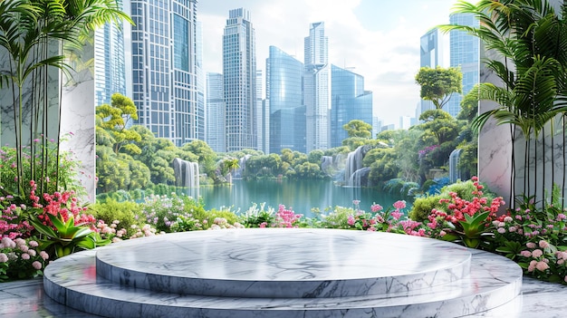 Photo empty marble podium in the park with city skyline background 3d rendering