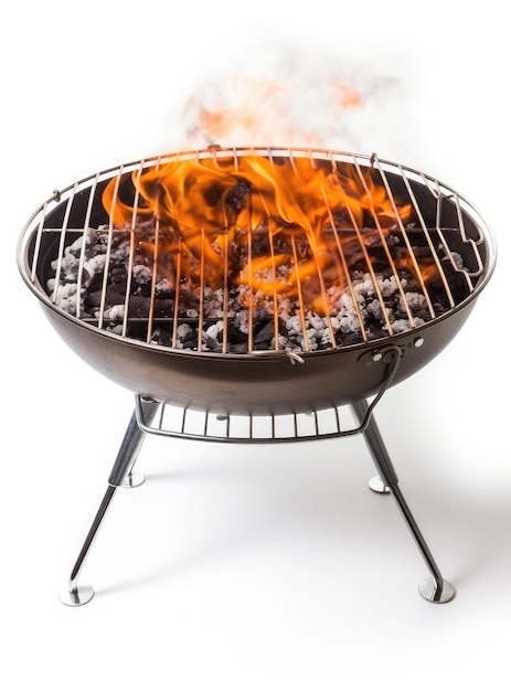 Empty outdoor barbecue grill and and massive flames from coal isolated on White Background