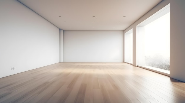 An empty room with a large window and a white wall that says'i'm a. '