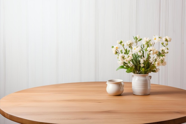 Photo empty round wooden tabletop in clean bright kitchen interior with modern design copy space