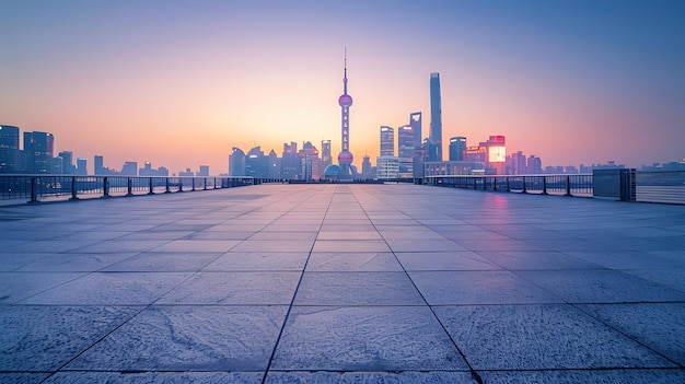 Photo empty square floors and bridge with the city skyline at sunset in shanghai generative ai