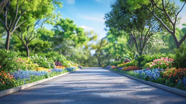 Photo empty street at the nice and comfortable garden background with nice blue sky generative ai