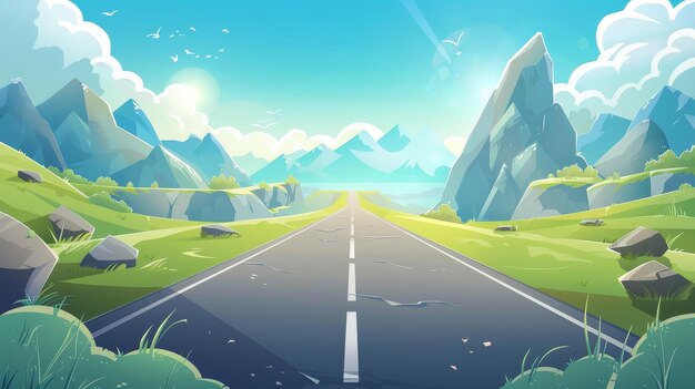 Photo an empty summer journey path scene with alps for game adventure vibrant yellow freeway with a mountain backdrop in the background sunny freeway with blue skies and green grass