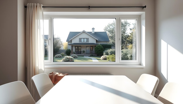 Photo empty table in home interior window and windowsill with blanket and cushions window overlooking