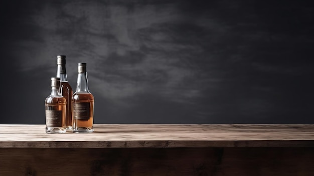 empty top of wooden table and bottles of alcohol in