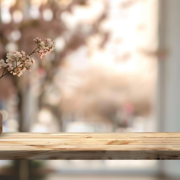 Photo empty wooden table and blurred background of cherry blossoms in the cafe