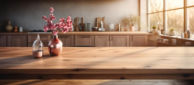 Empty wooden table with kitchen in background