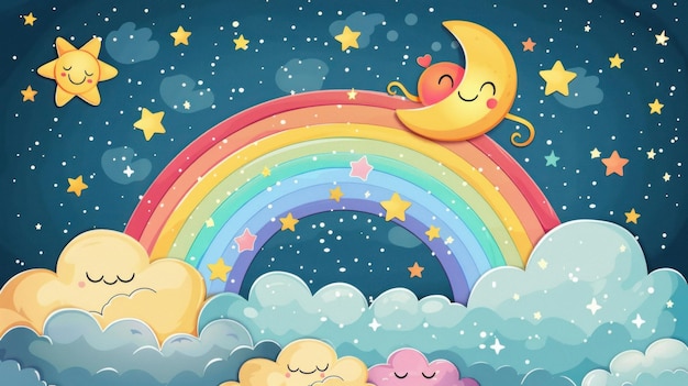 Enchanted Cartoon Sky with Smiling Rainbow Moon and Stars for Joyful Dreams Generative ai