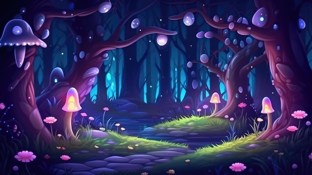 Photo enchanted forest pathway illuminated by glowing mushrooms