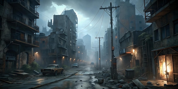 The End of The World Apocalypse city in the dark grey fog Post apocalypse destroyed city street