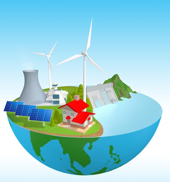 Energy saving Use natural energy love the world protect the environment3d illustration