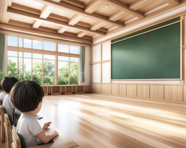 Photo engaged students collaborate in a bright and spacious classroom with a chalkboard fostering active