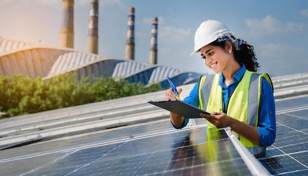 Photo engineer service check installation solar cell on the roof of factory innovation and new energy conc