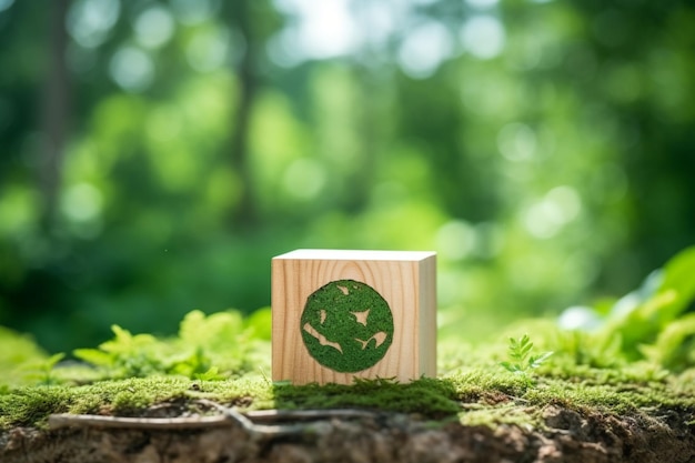 Photo environment icon on a wood block in green nature background save the earth the clean planet