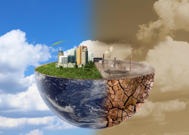Photo environmental pollution collage divided into clean and contaminated earth against sky halved globe with buildings and green grass on one side and cracked soil with factories on the other