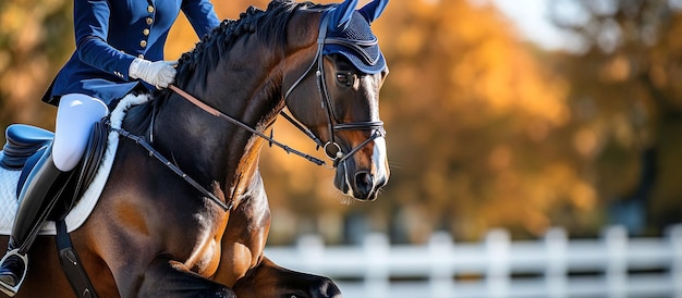 Photo equestrian rider competes on a horse in a scenic autumn setting