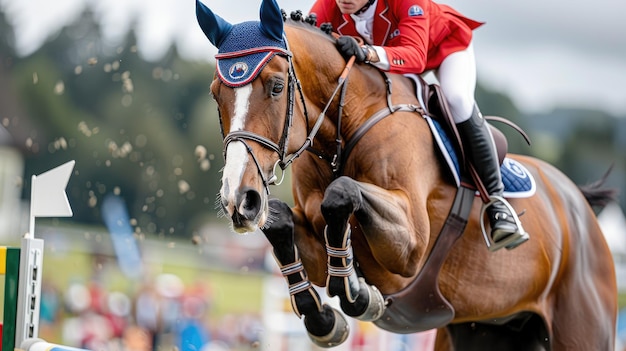 Photo equestrian rider and horse in midjump at competition