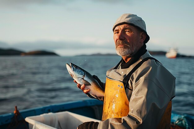 Foto un pescatore esperto con un pescato fresco